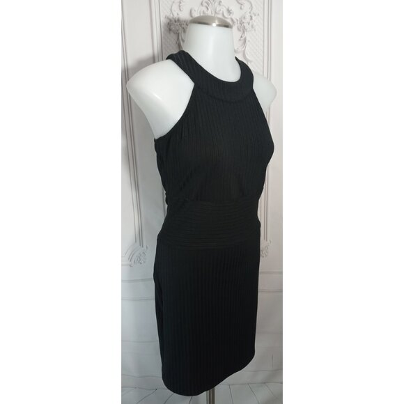 bebe Racer Halter Neck Rib Knit Black Bodycon Dress Sz M - Picture 4 of 9